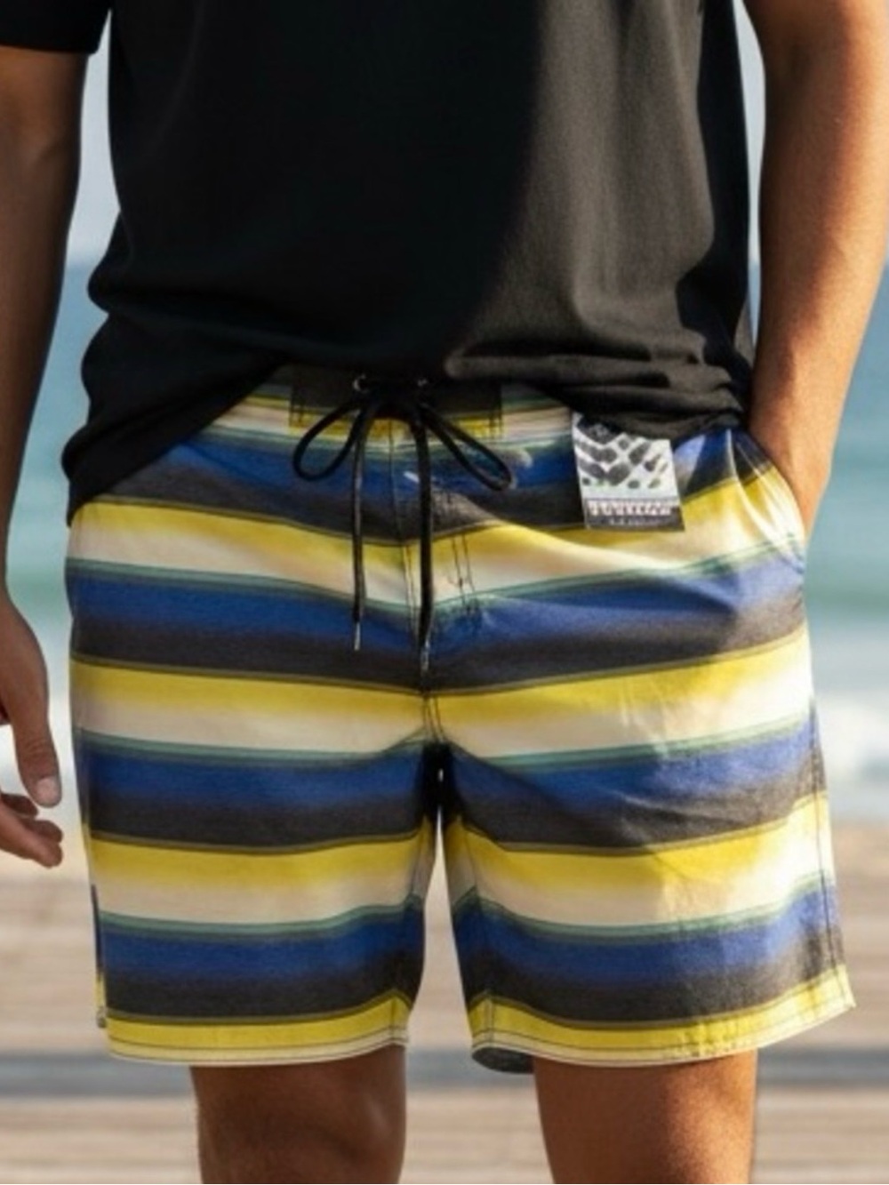 Burnside Men's Board Shorts - Size 34 - Blue, Yellow, & Black Striped - NWT